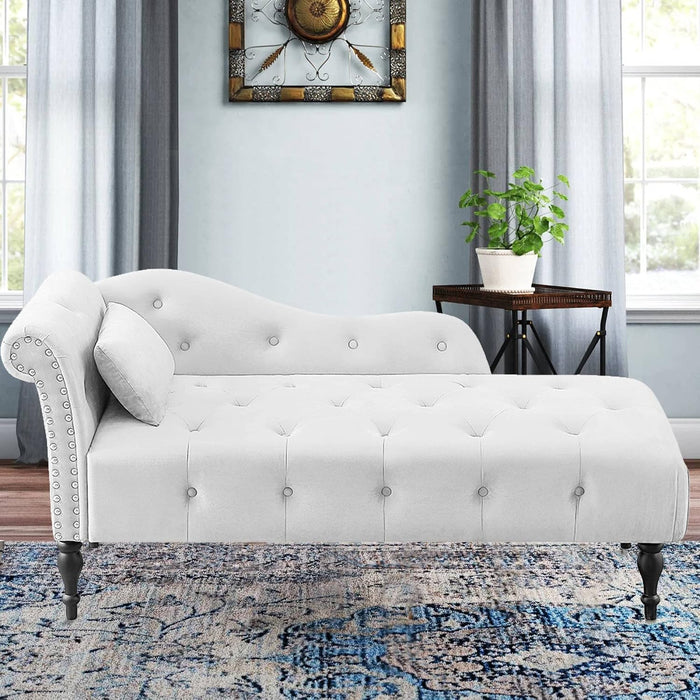 Holaki Velvet Chaise Lounge,Indoor Accent Chaise Chair with Pillow,Button Tufted Right Arm Facing Lounge Chair with Nailhead Trim & Solid Wood Legs,Modern Sleeper Sofa for Living Room (White)