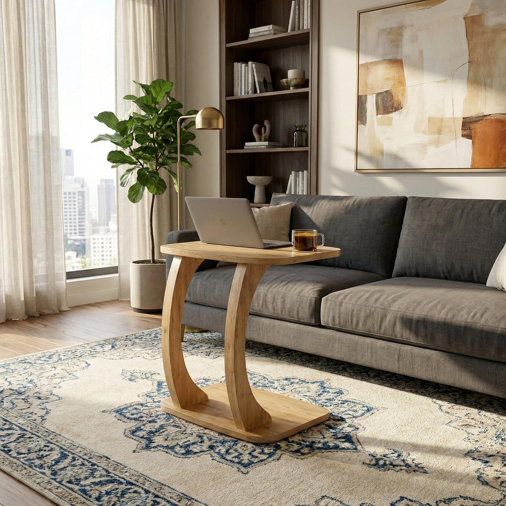 Modern C-Shaped Side Table, Curved Wood End Table for Couch, Sofa & Bed, ...