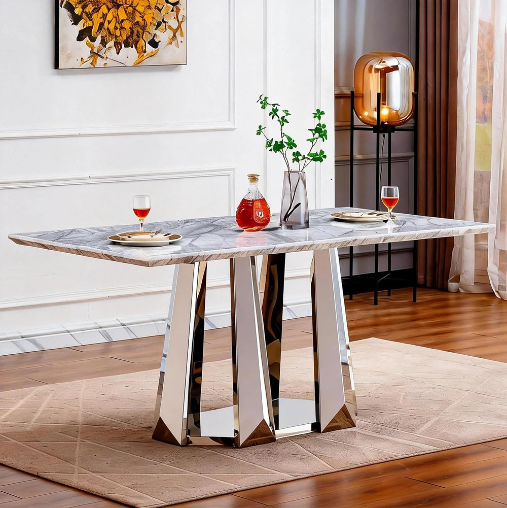 70" Rectangle Faux Marble Luxury Grey Dining Table for 6-8 People, Moder...