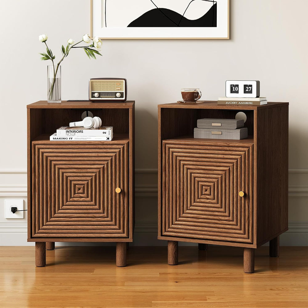RoyalCraft Walnut Nightstand Set of 2, Night Stand with Charging Station | Mi...