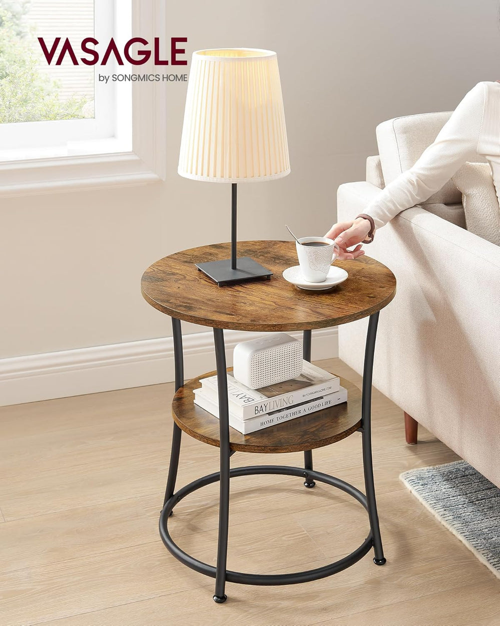 VASAGLE 21.7-Inch Round Side Table, 2-Tier End Table, Nightstand with Steel F...