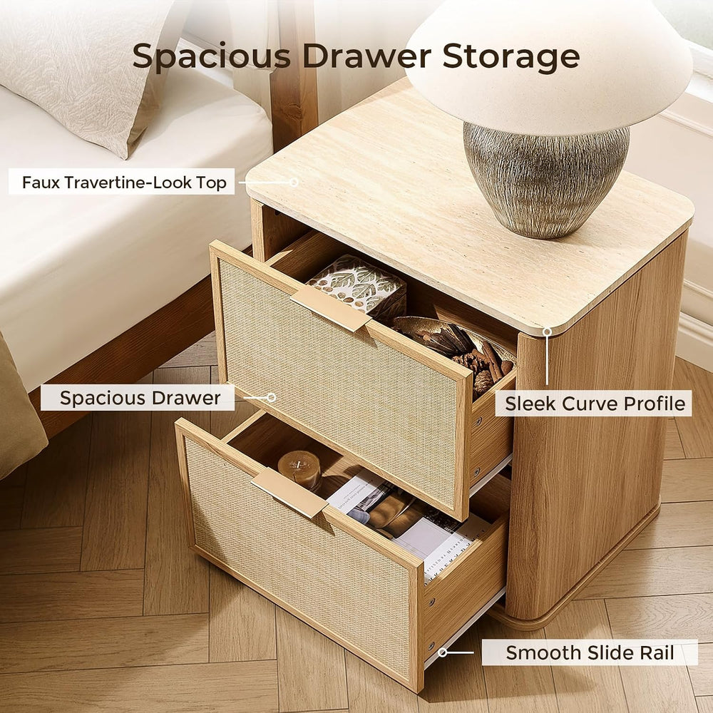 NightStand Set of 2, 23.11" W Rattan Nightstand with 2 Drawers, Faux Mar...