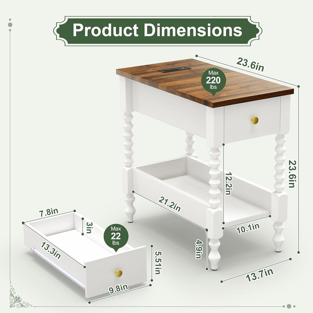 YOSHOOT Farmhouse End Table with Charging Station Set of 2 - Narrow Side Tabl...