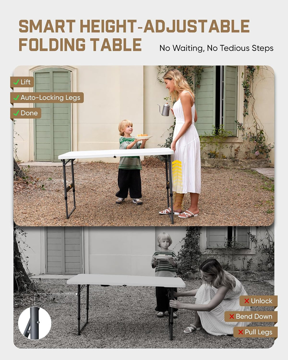 FanttikOutdoor Folding Table 4 Foot Quick Adjust Portable Plastic 4 Heights |...