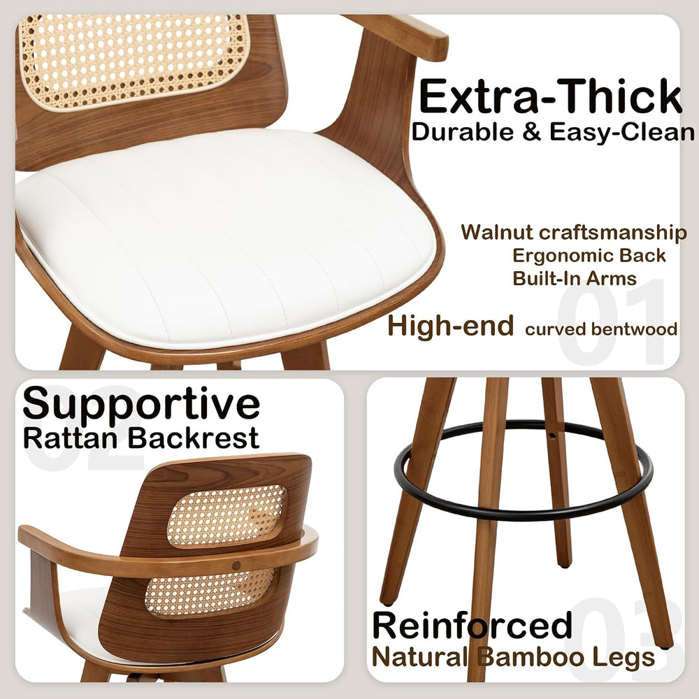 Mid Century Modern Bar Stools, Rattan Swivel Bar Stools with Curved Back