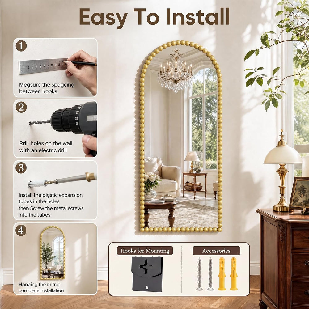 Antok 71" x 28" Arched Full Length Mirror, Antique Beaded Frame Flo...