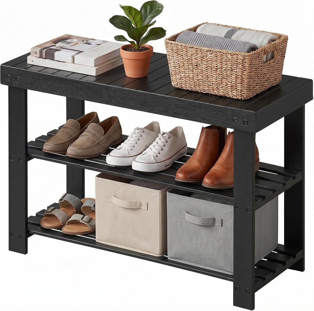 SONGMICS HOME 3-Tier Bamboo Shoe Bench, Shoe Rack, for Entryway Bathroom Bedr...