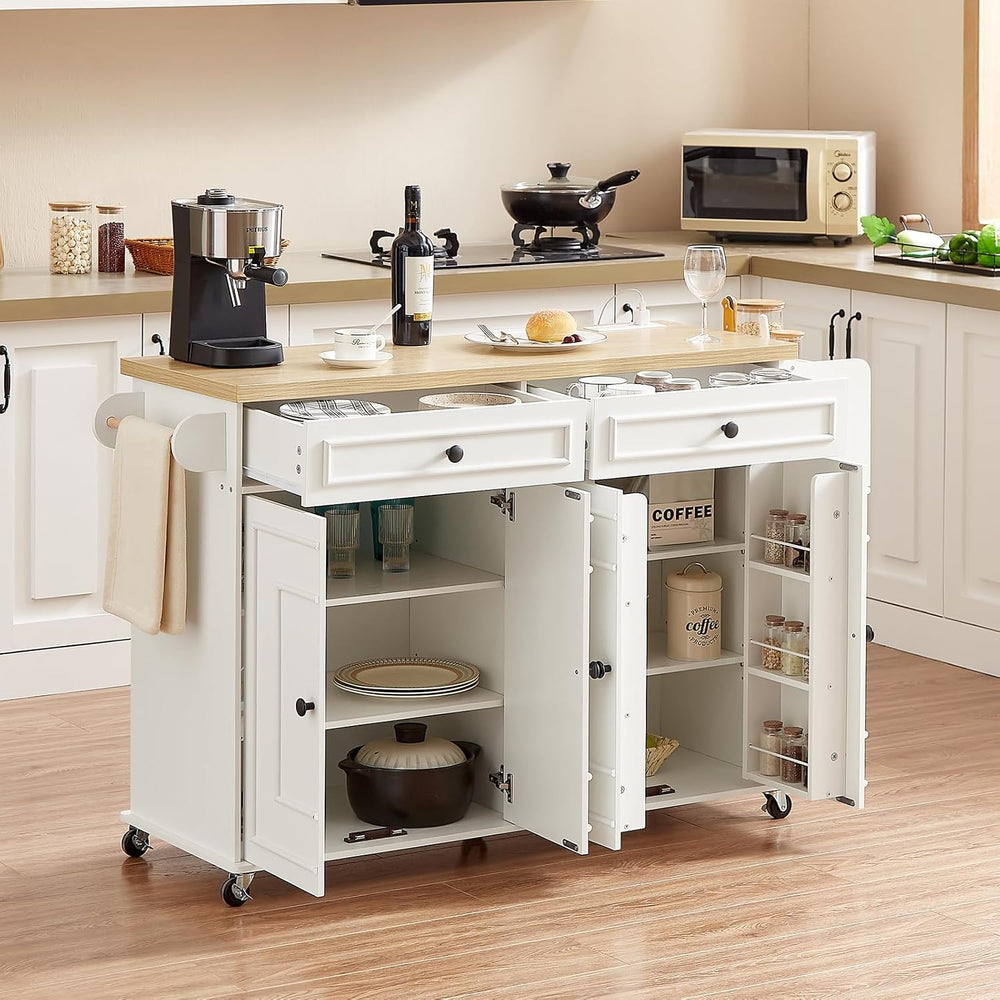 ONBRILL 58" Kitchen Island with Power Outlet, Rolling Kitchen Cart, White