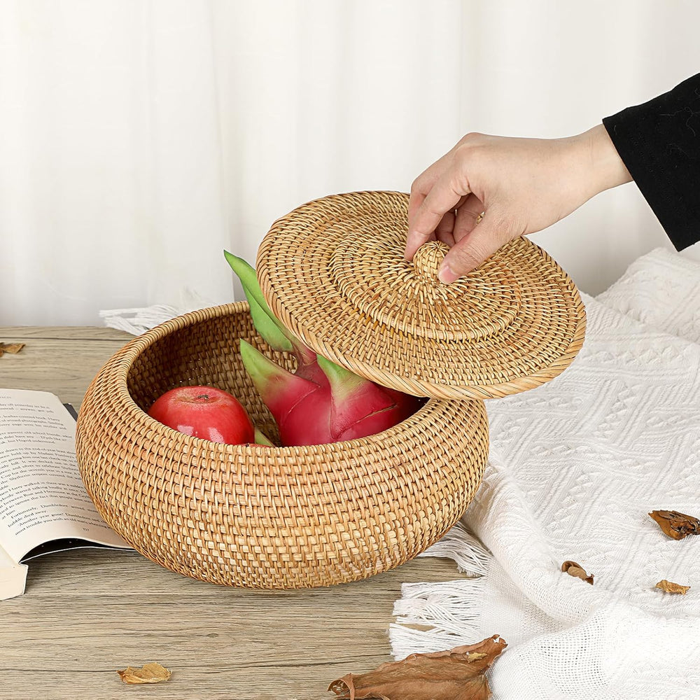 Hipiwe Round Rattan Boxes with Lid Natural Woven Picnic Storage Basket Bin
