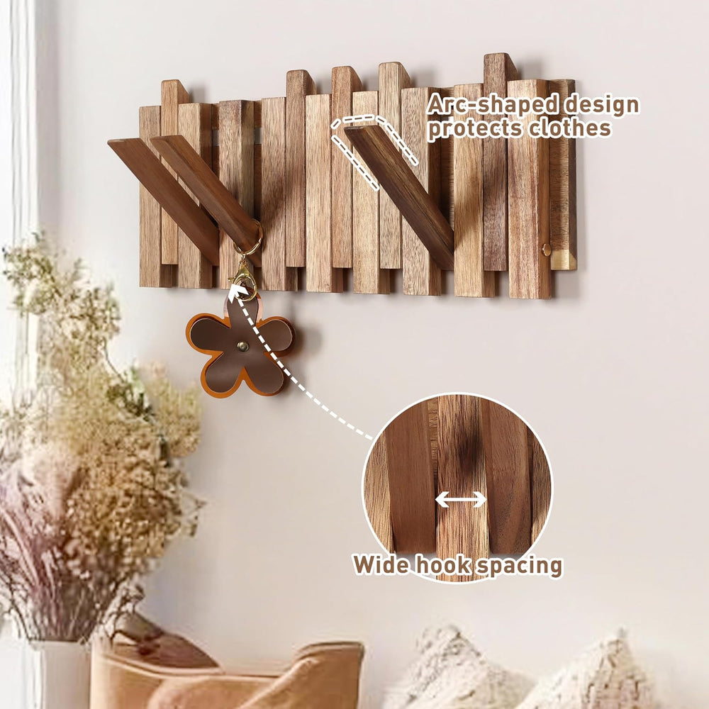 Wall Coat Rack for Entryway: Folding Wood Rustic 8 Hooks