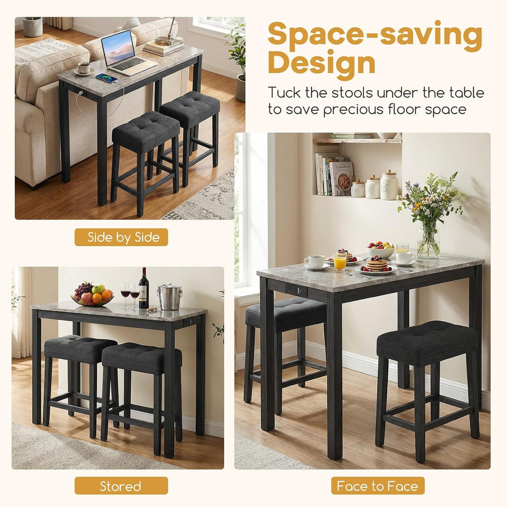 COSTWAY 3-Piece Wooden Bar Table Set with Charging Station | Modern Counter H...