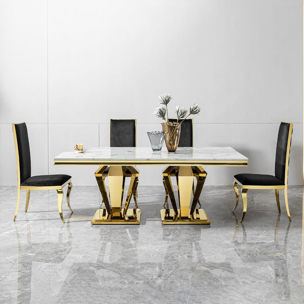 Modern Dining Table 66.9" Dining Room Table with Shiny Gold Stainless St...