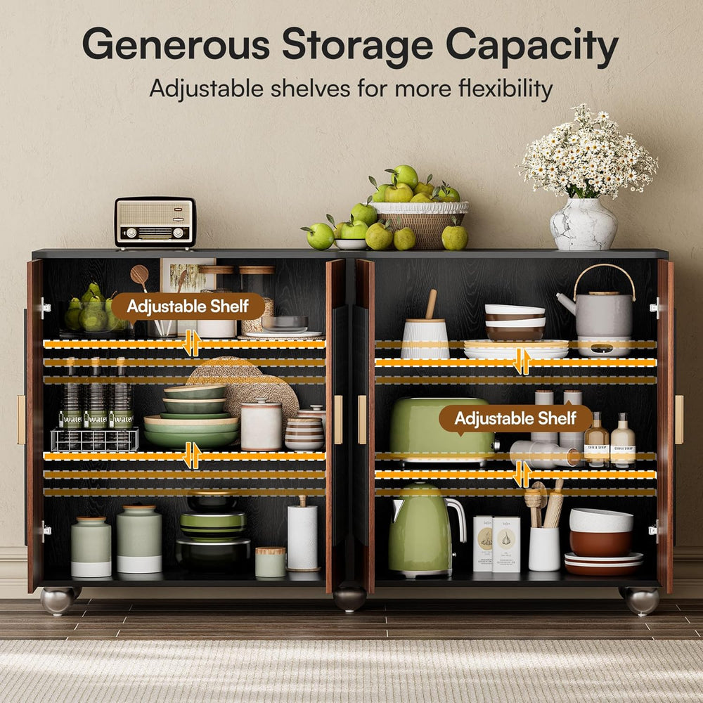 87" Fluted Modular Buffet Cabinet with Arched Doors & Gold Handles, ...