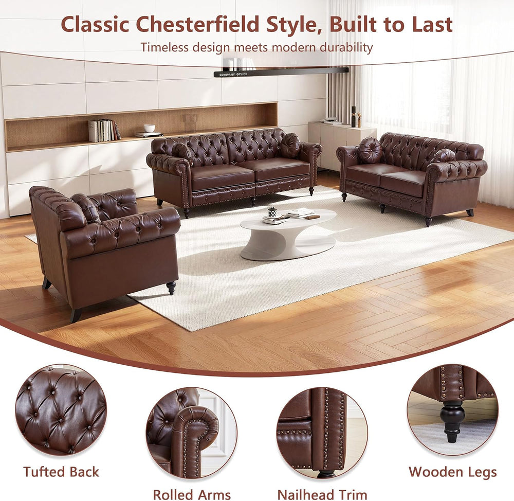 ORRD Chesterfield Small Loveseat, High Back Modern Faux Leather Couch with Bu...