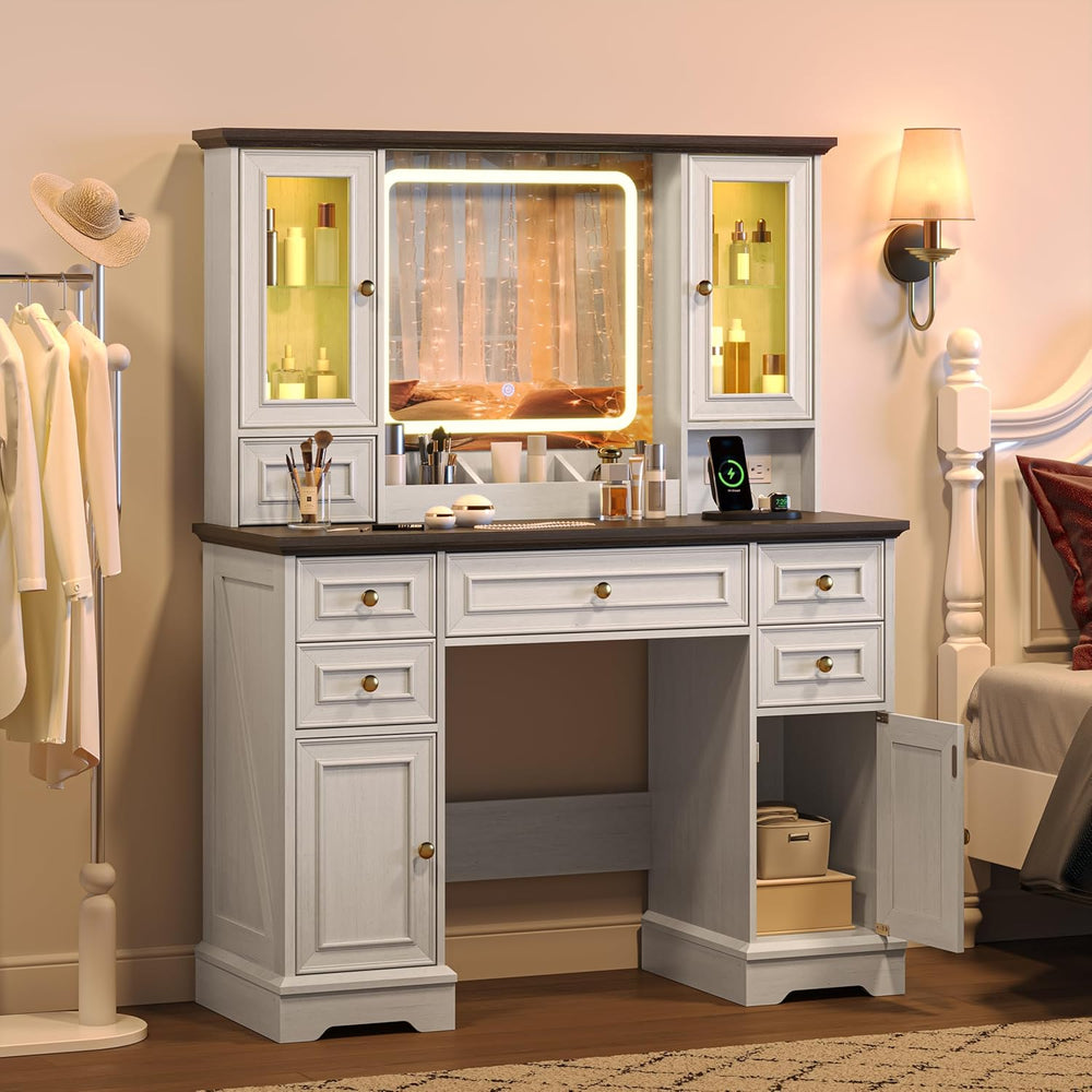 HUANLEGO Farmhouse Makeup Vanity Desk with Mirror and LED Lights, White | Van...