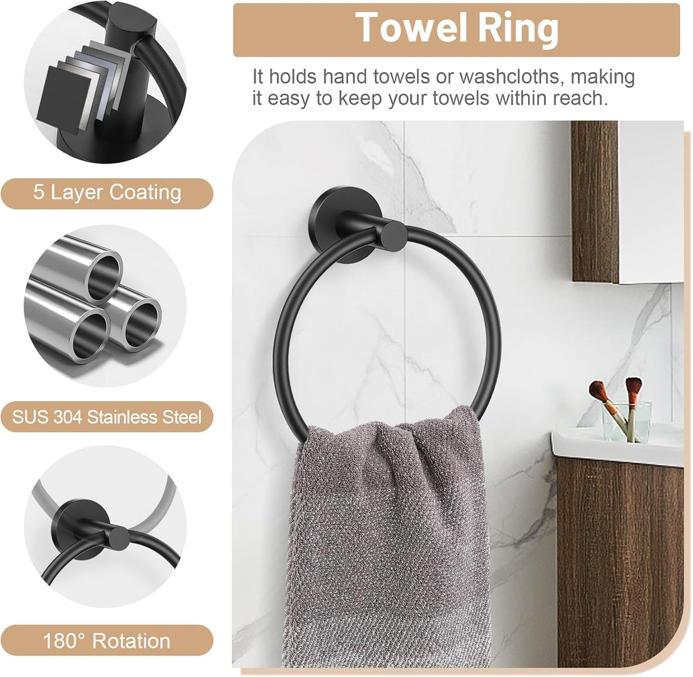 Matte Black Bathroom Hardware Set, Toilet Paper Holder, Towel Ring & Hooks