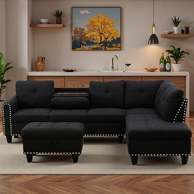 Sectional Couches for Living Room with Movable Chaise & Storage Ottoman -...