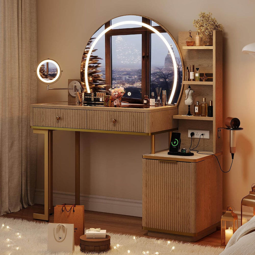 iPormis Makeup Vanity Desk with Round Mirror and Lights, Glass Top Vanity Tab...