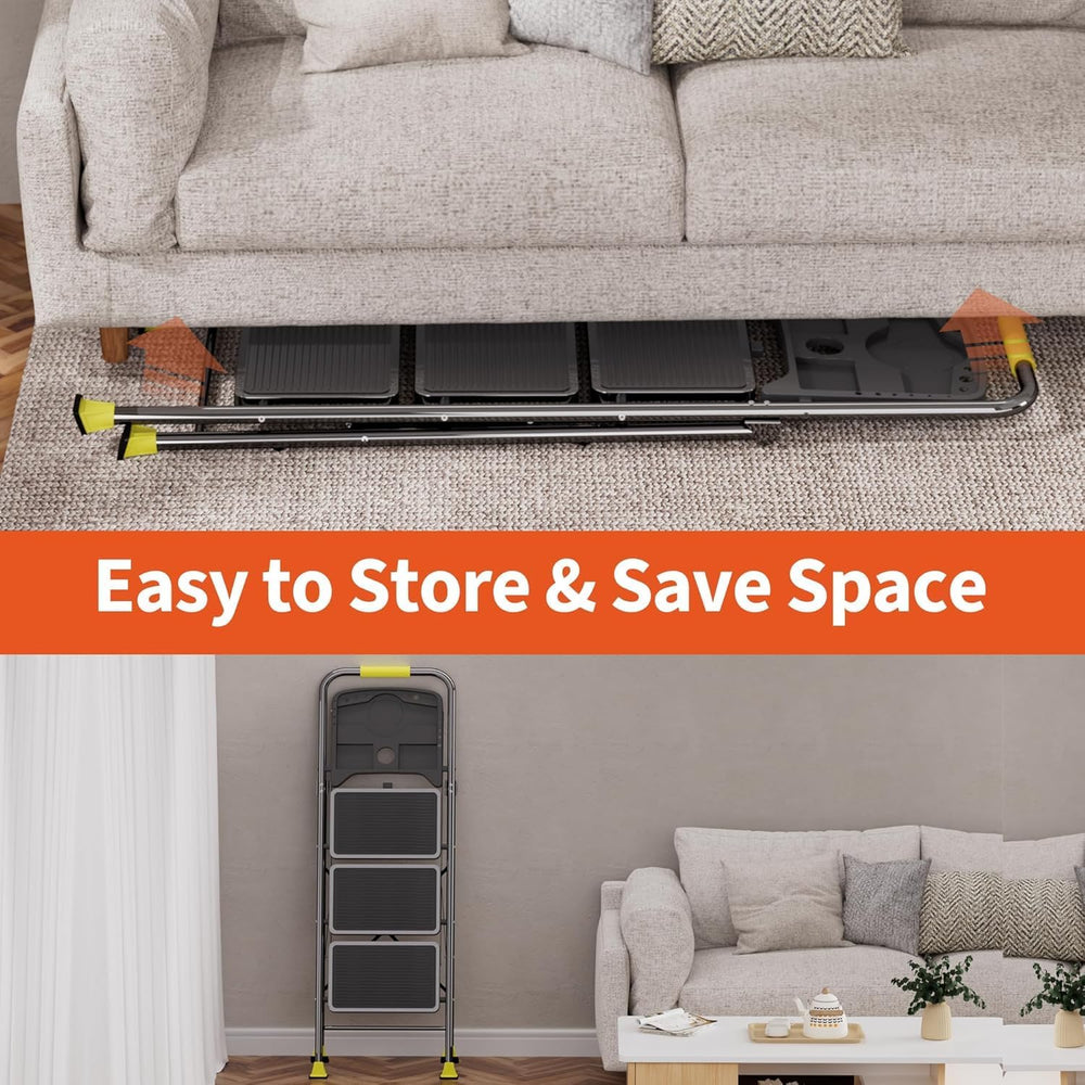 3 Step Folding Ladder, 600lbs Capacity Steel Stool with Tool Platform, Wide A...