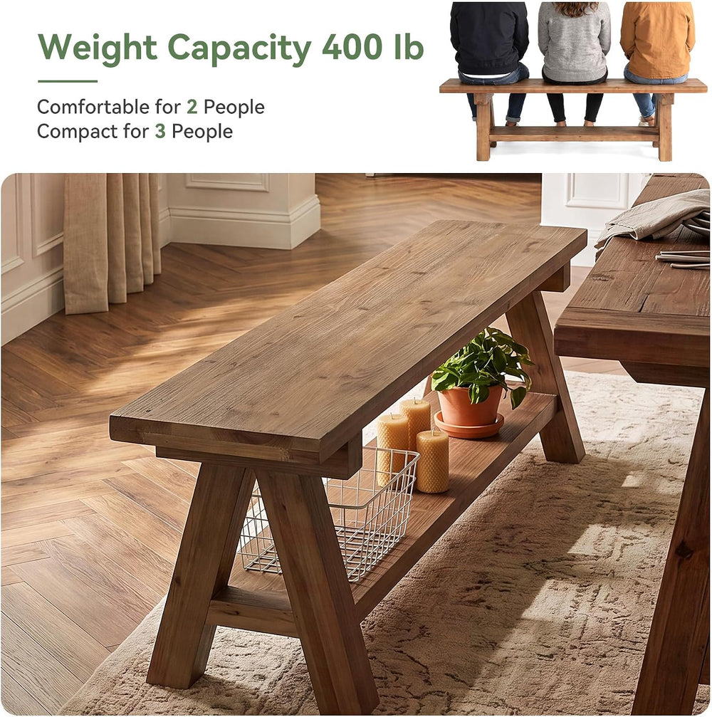 63-Inch Farmhouse Dining Bench, Solid Wood Indoor Entryway Bench | 2-TierStor...
