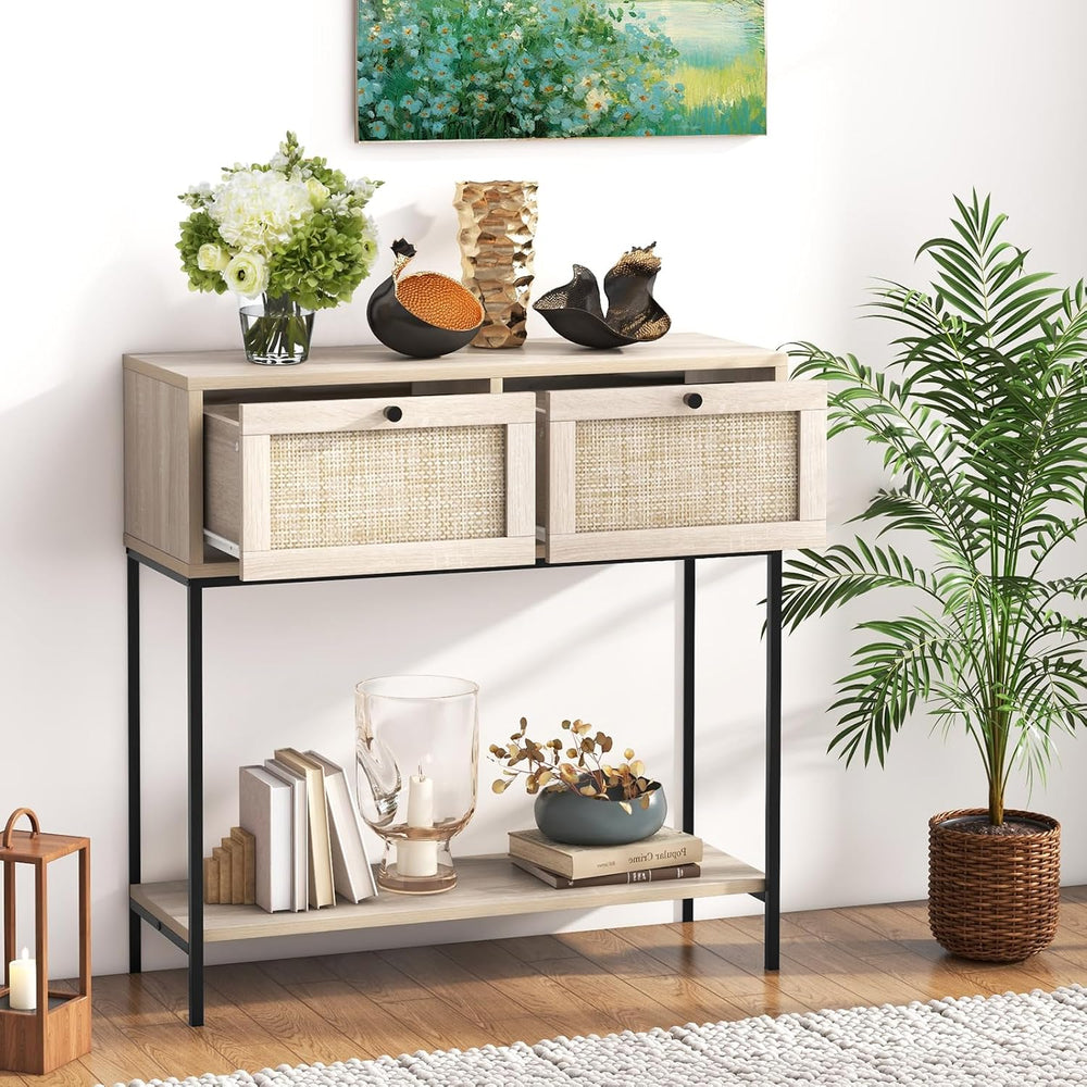 POWERSTONE 31.5" Nightstand with Rattan Drawers & Shelf, Modern Bunk...