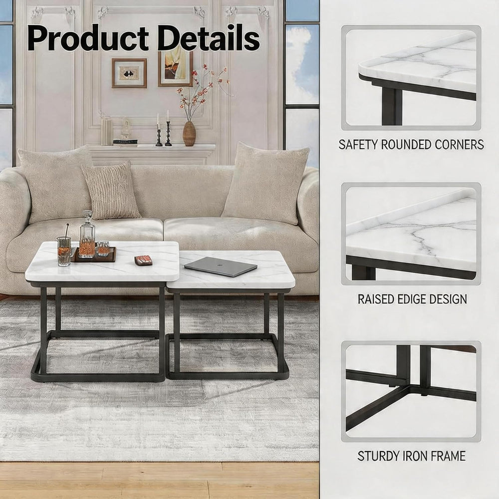Set of 2 Nesting Coffee Tables, Space‑Saving Square Side Table Set, White | S...