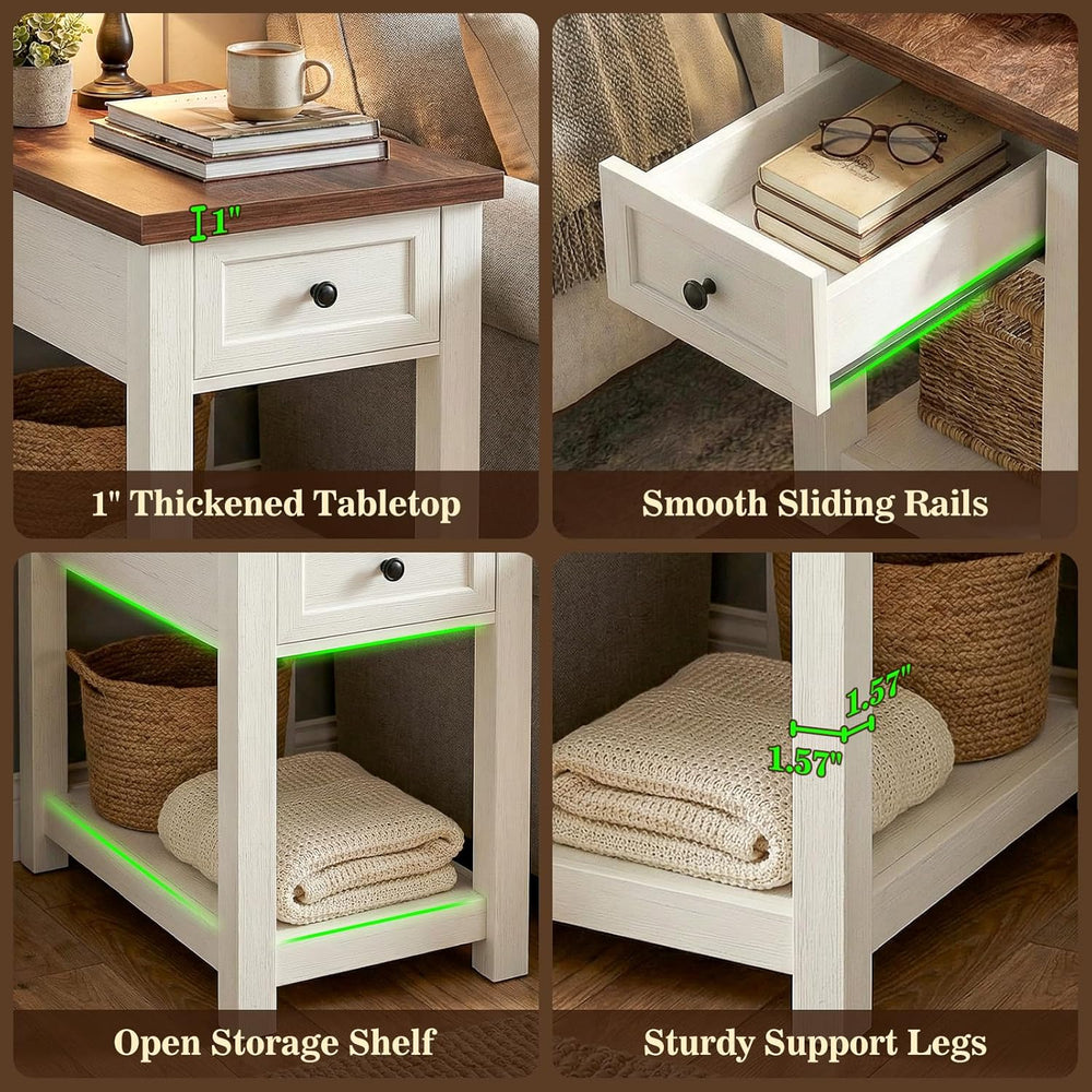 Narrow End Table with Charging Station - Farmhouse Side Table with Drawer, 14...