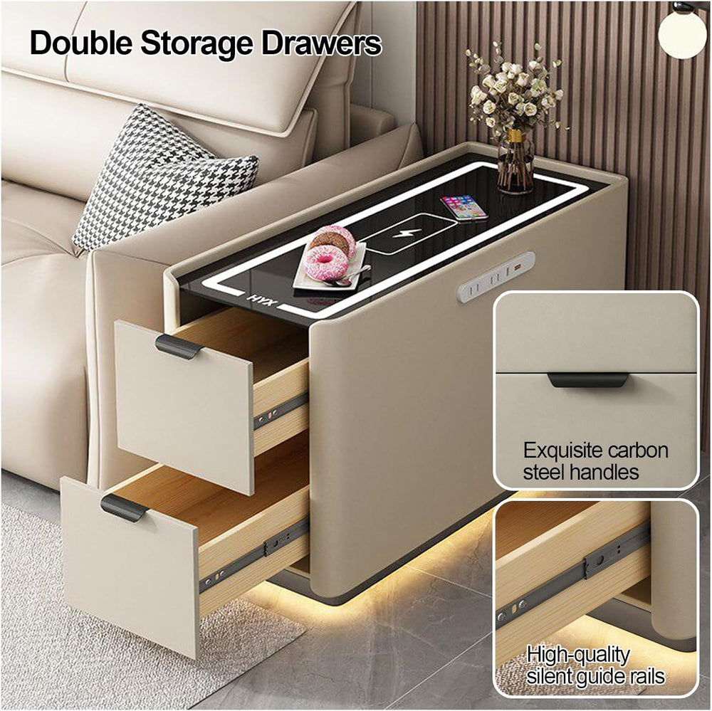 Smart Sofa Side Table with USB Charging Ports, 2 Drawers Storage, Tempered Gl...