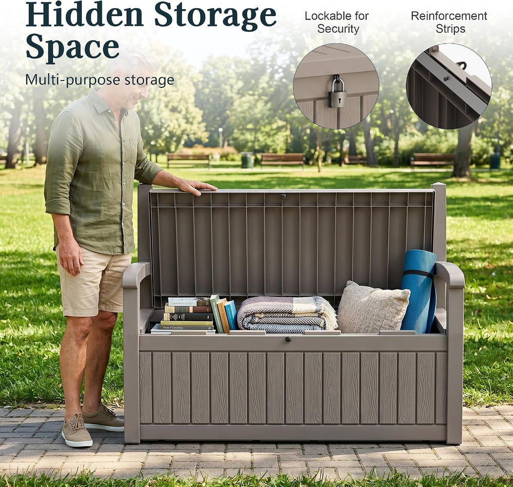 Outdoor Bench with Storage, Waterproof Garden Storage Bench, 100 Gallon Locka...