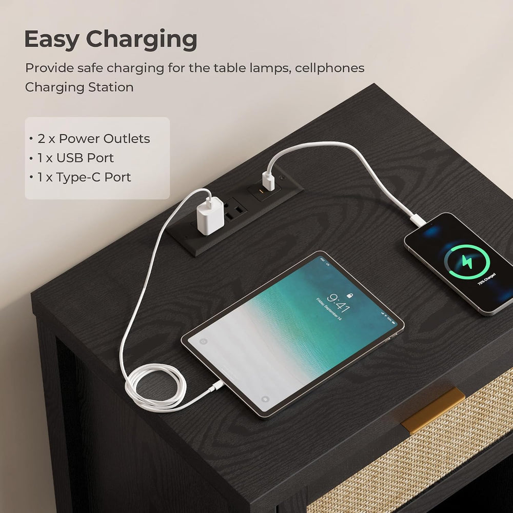SICOTAS Black Rattan Nightstands Set of 2 with Charging Station | Modern Nigh...
