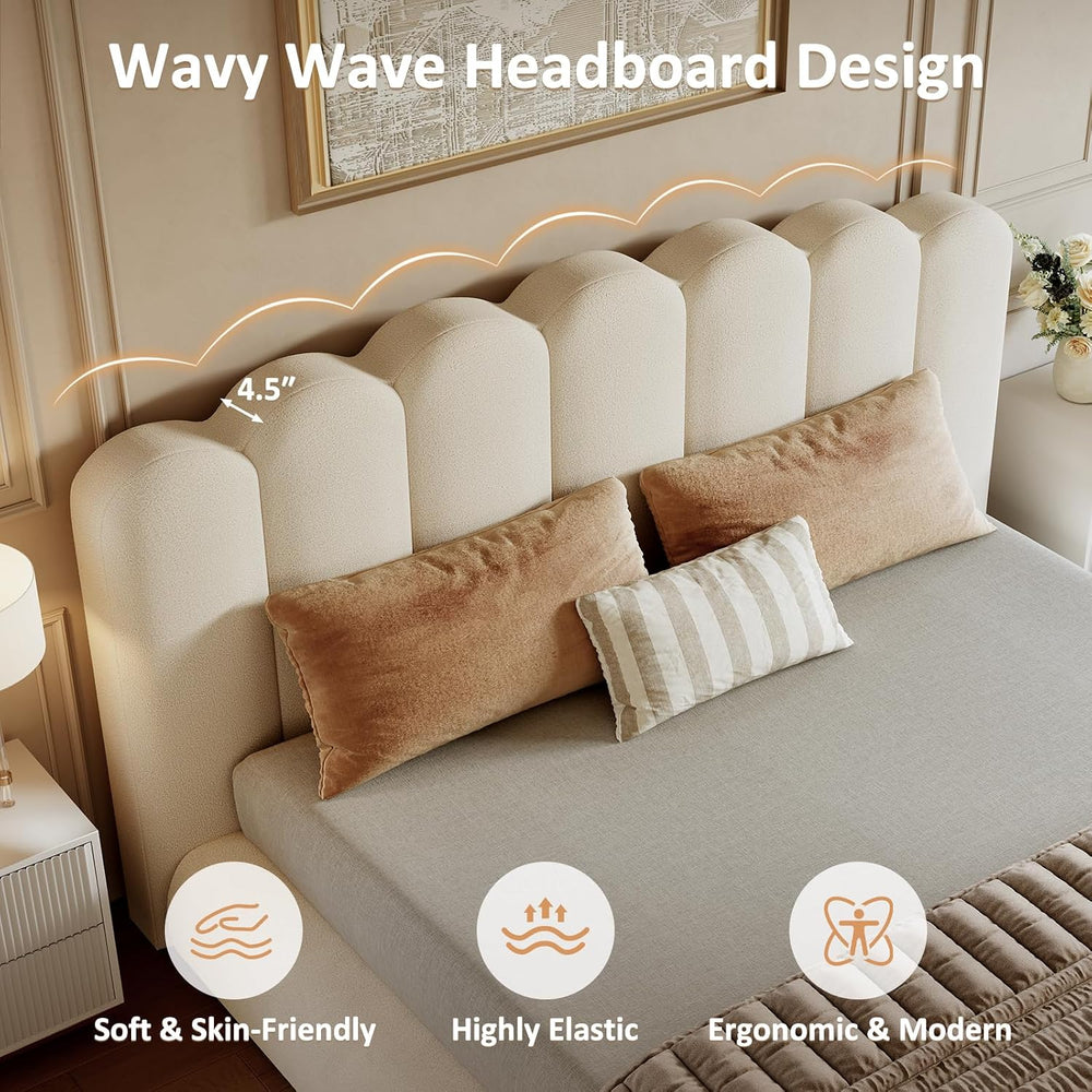 King Size Cloud Bed Frame with Wave Headboard, Upholstered Platform Bed with ...