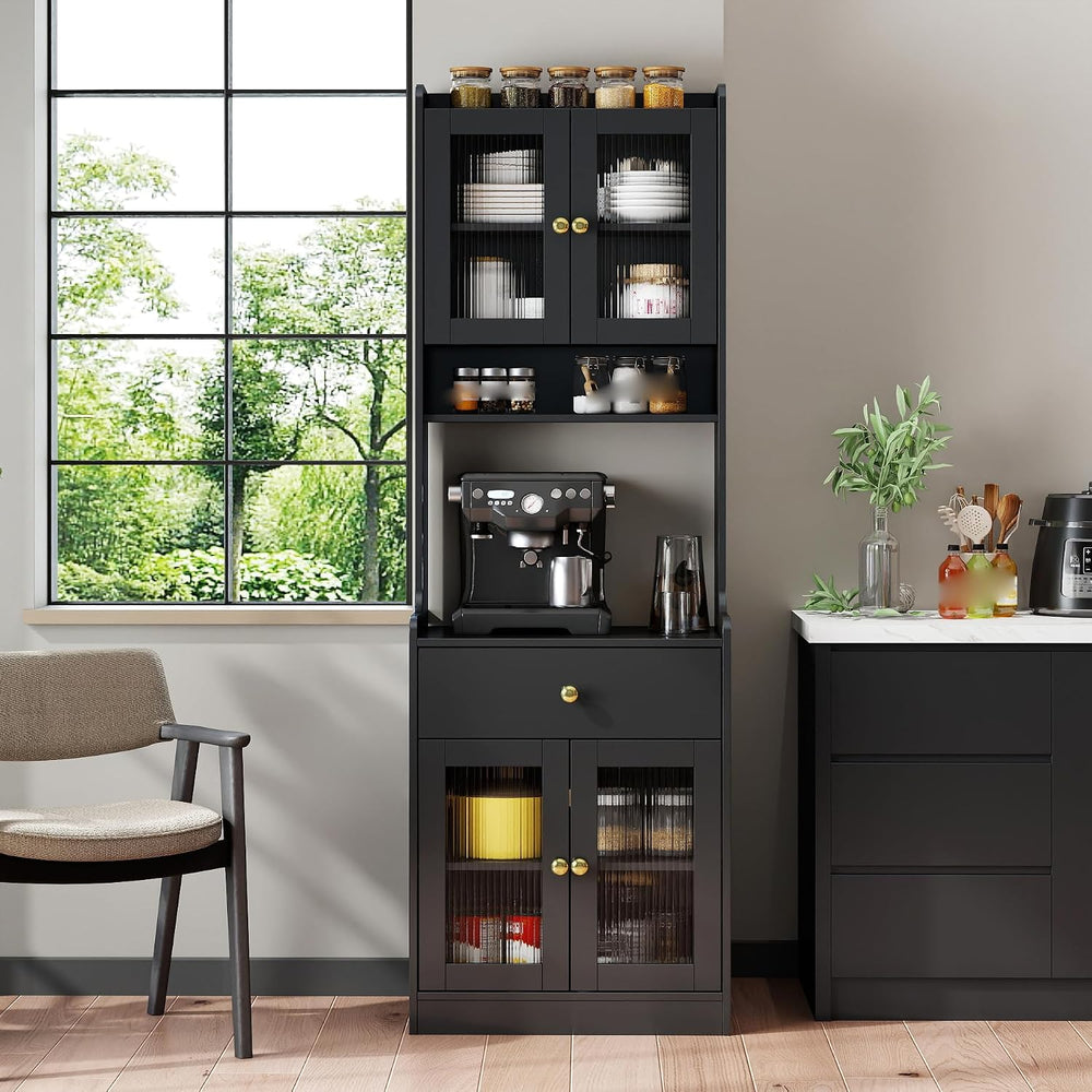 Black Kitchen Pantry Hutch Storage Cabinet, Farmhouse Buffet Sideboard with M...
