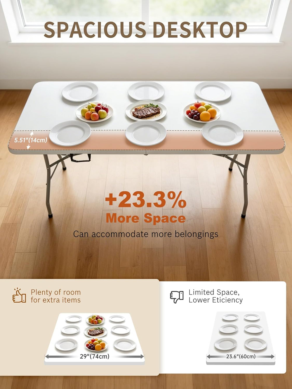 6Ft Folding Table, Heavy Duty Fold-in-Half Portable Plastic White | HDPE port...
