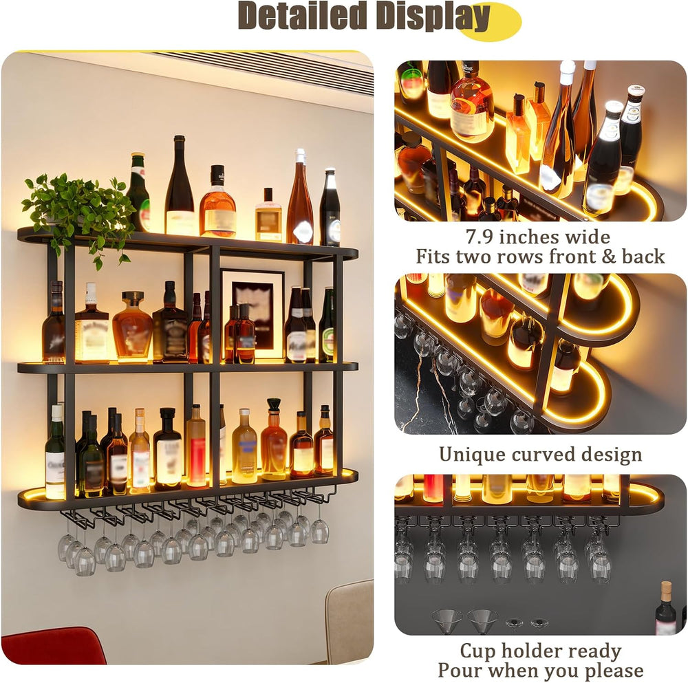 70.8in Wine Rack Wall Mounted - 360° Wrap-Around Curved LED Lights | 3-Tier F...