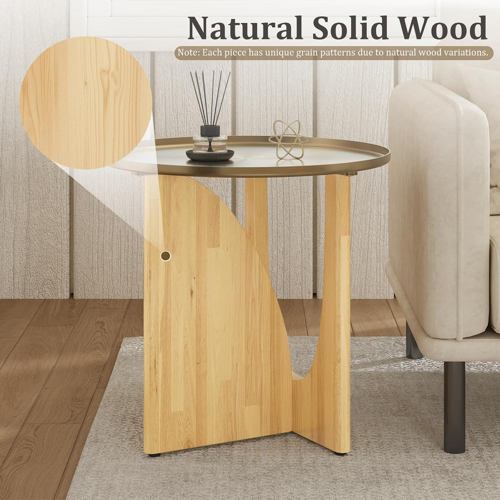 Farmhouse Rubberwood End Table, Beige Rustic End Table with Stainless Steel T...