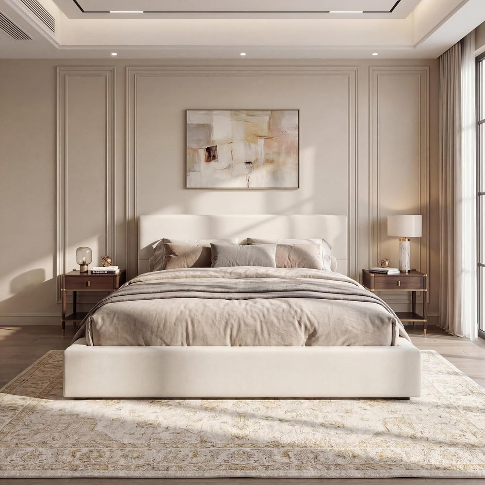 Merax King Size Bed Frame, 95" L x 88" W Upholstered Platform Bed w...