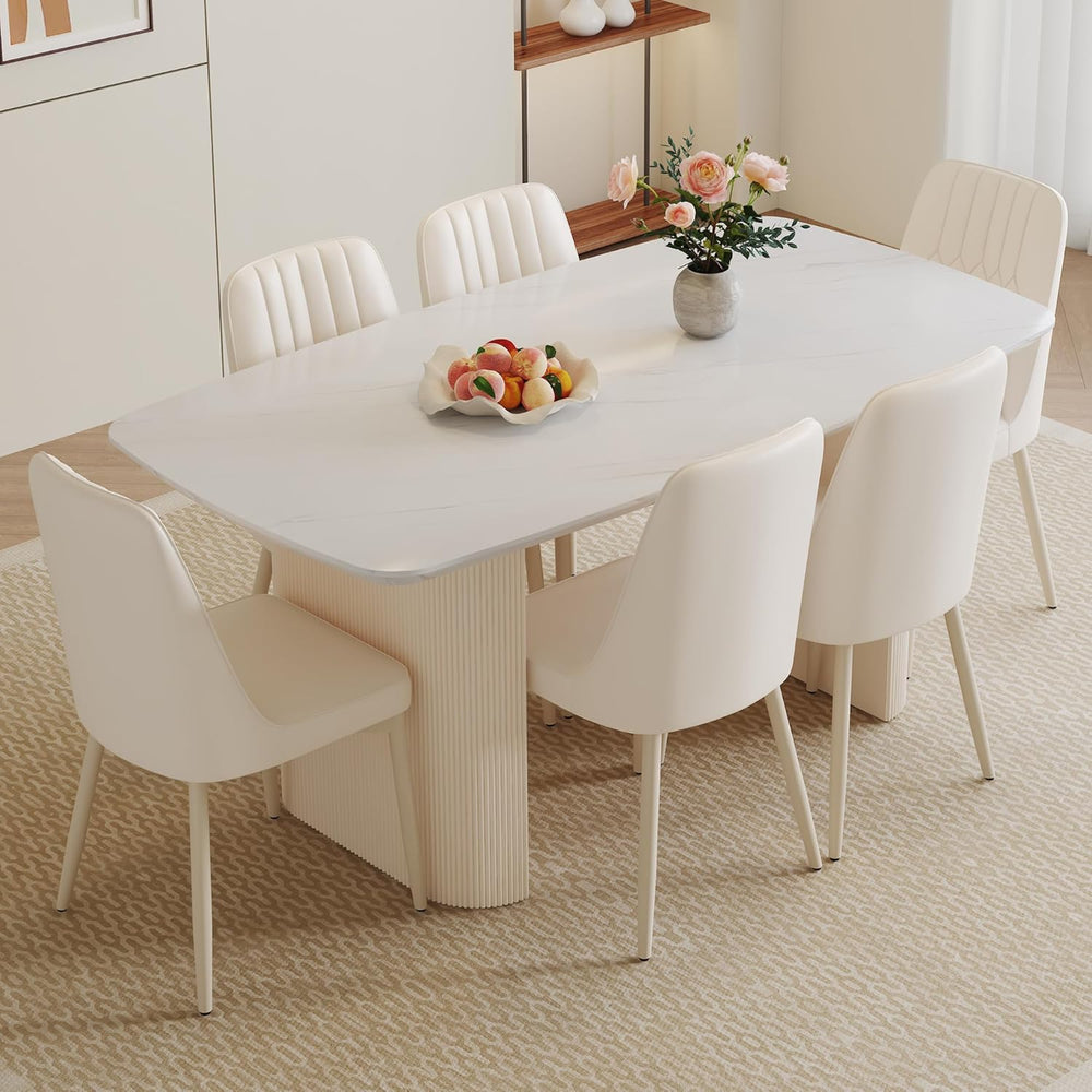 White Dining Table Set for 6, 67'' Marble Dining Table Set with 3.5