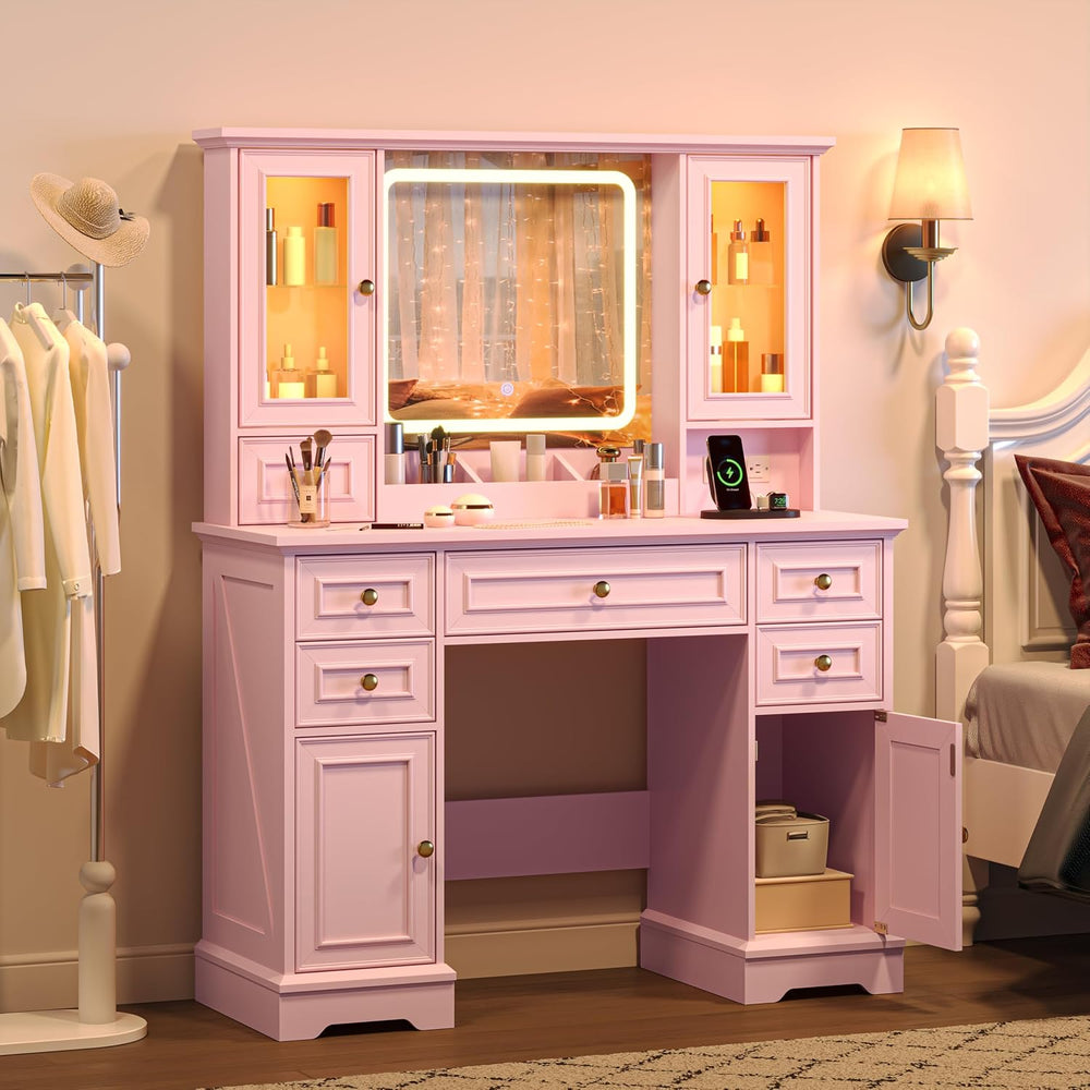 HUANLEGO Farmhouse Makeup Vanity Desk with Mirror and LED Lights, Pink | Vani...