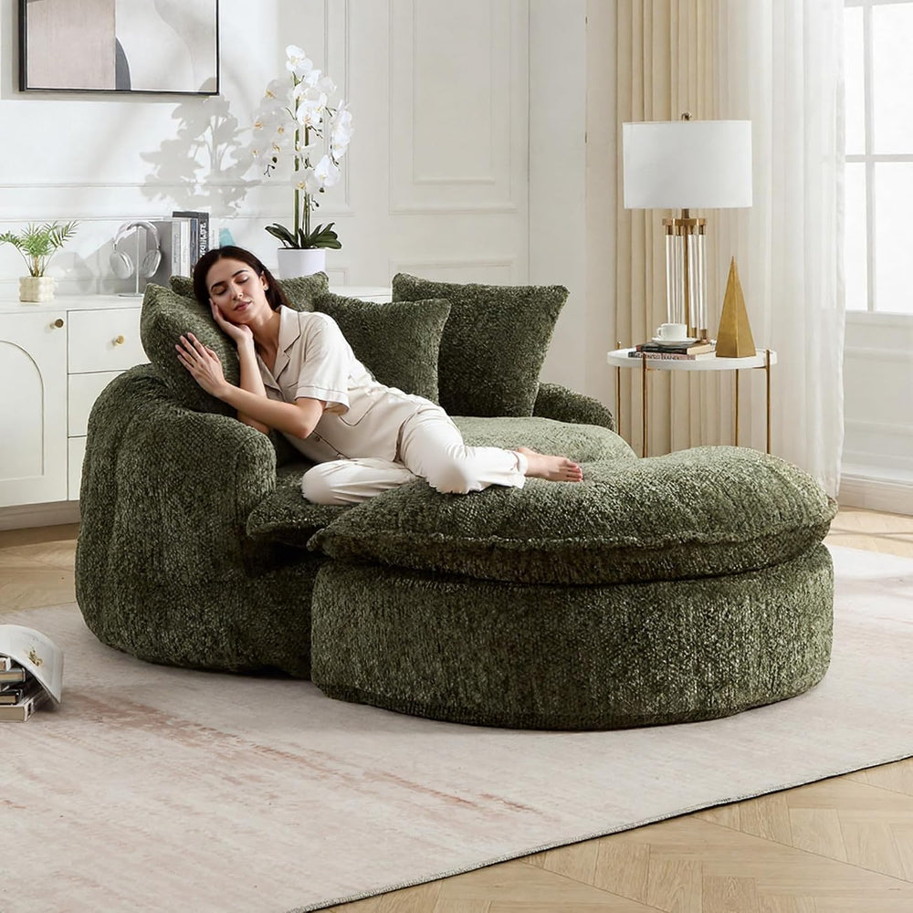 Oversized Round Lounge Chair with Ottoman Cloud Comfy | Breathable soft fabri...