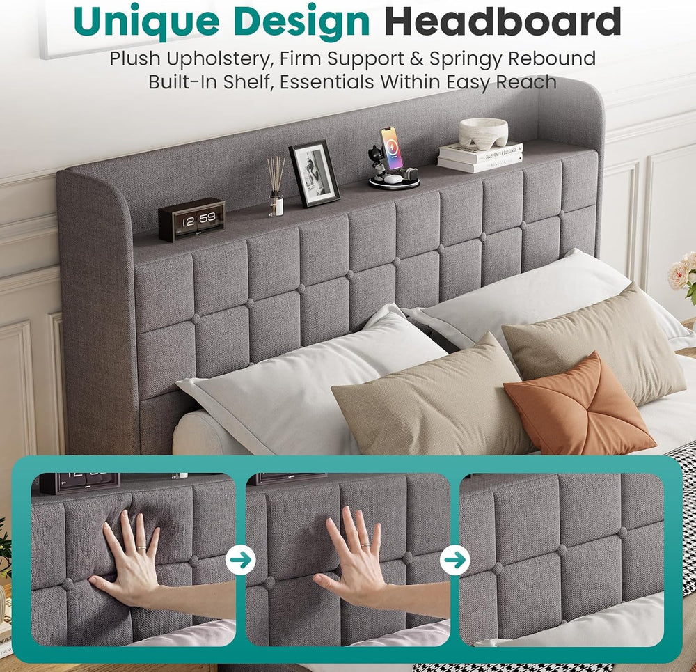 DUMOS Full Bed Frame, Upholstered Platform Bed Frame with Storage Drawers