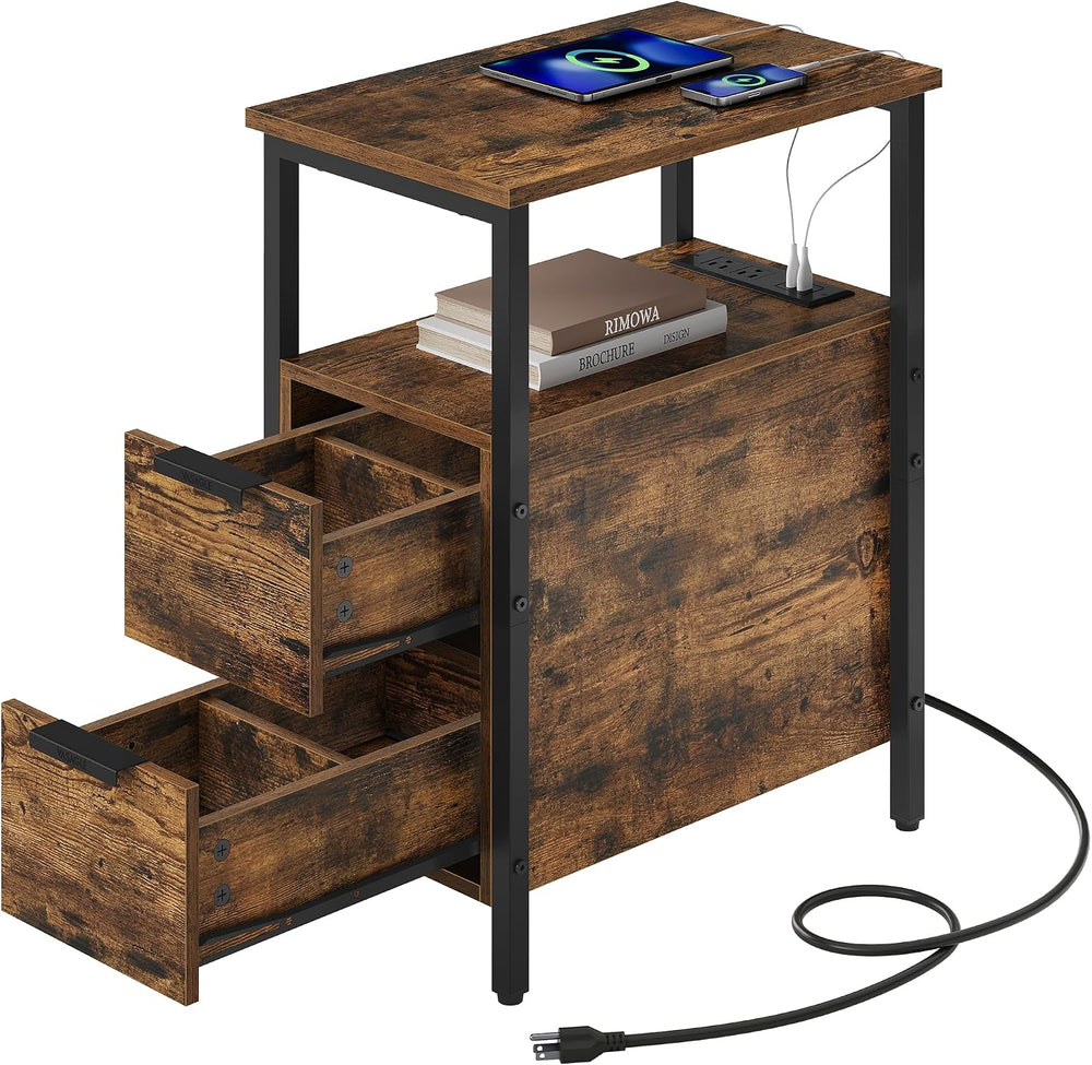 VASAGLE Side End Table with Charging Station, Slim Nightstand with 2 Drawers,...