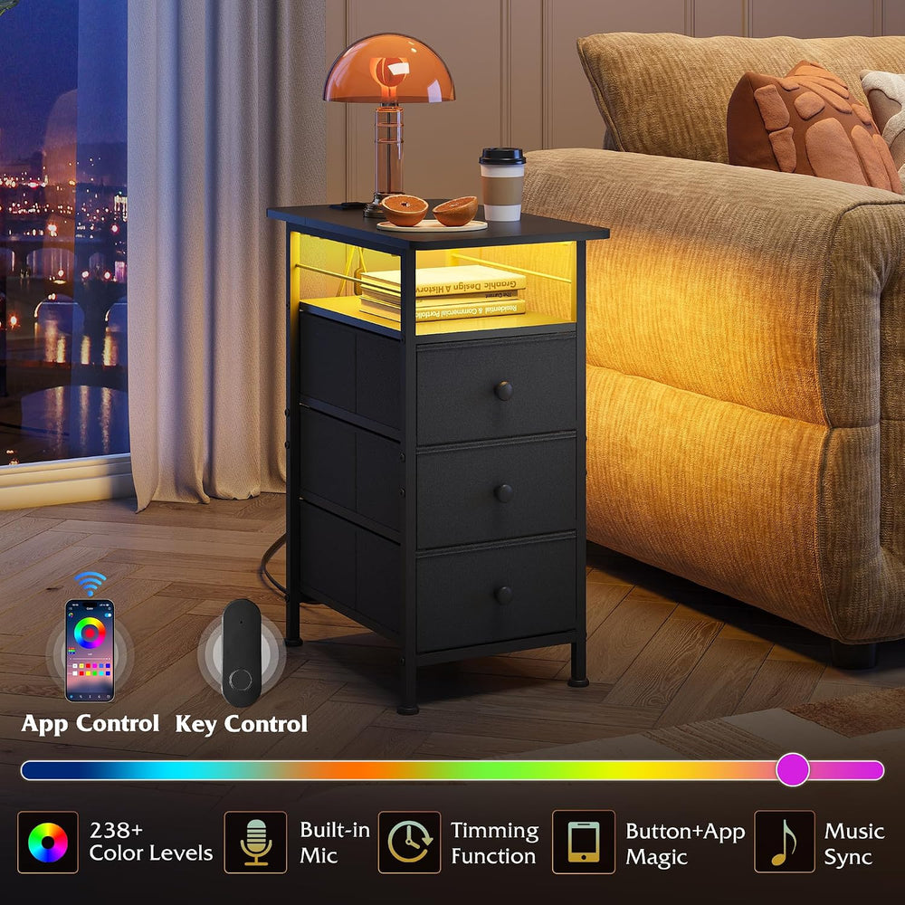 WLIVE Night Stand with Charging Station, End Table with 3 Fabric Drawers