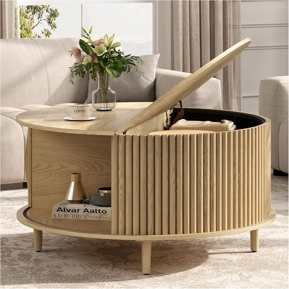 JOINICE 31.5" Round Coffee Table with Storage for Living Room, Natural Oak