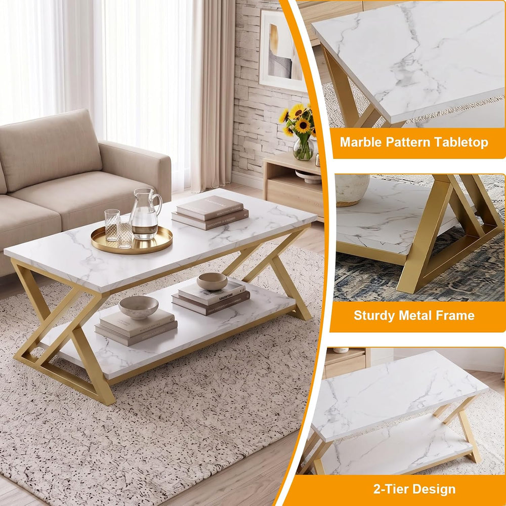 Coffee Table 2-Tier Gold Tables for Living Room,Center Table with Storage
