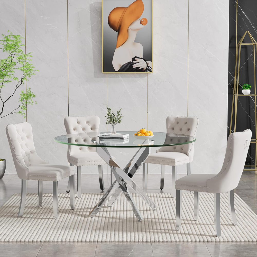 Round Glass Dining Table Set for 4, Small Kitchen Table Set for 4, 47" R...