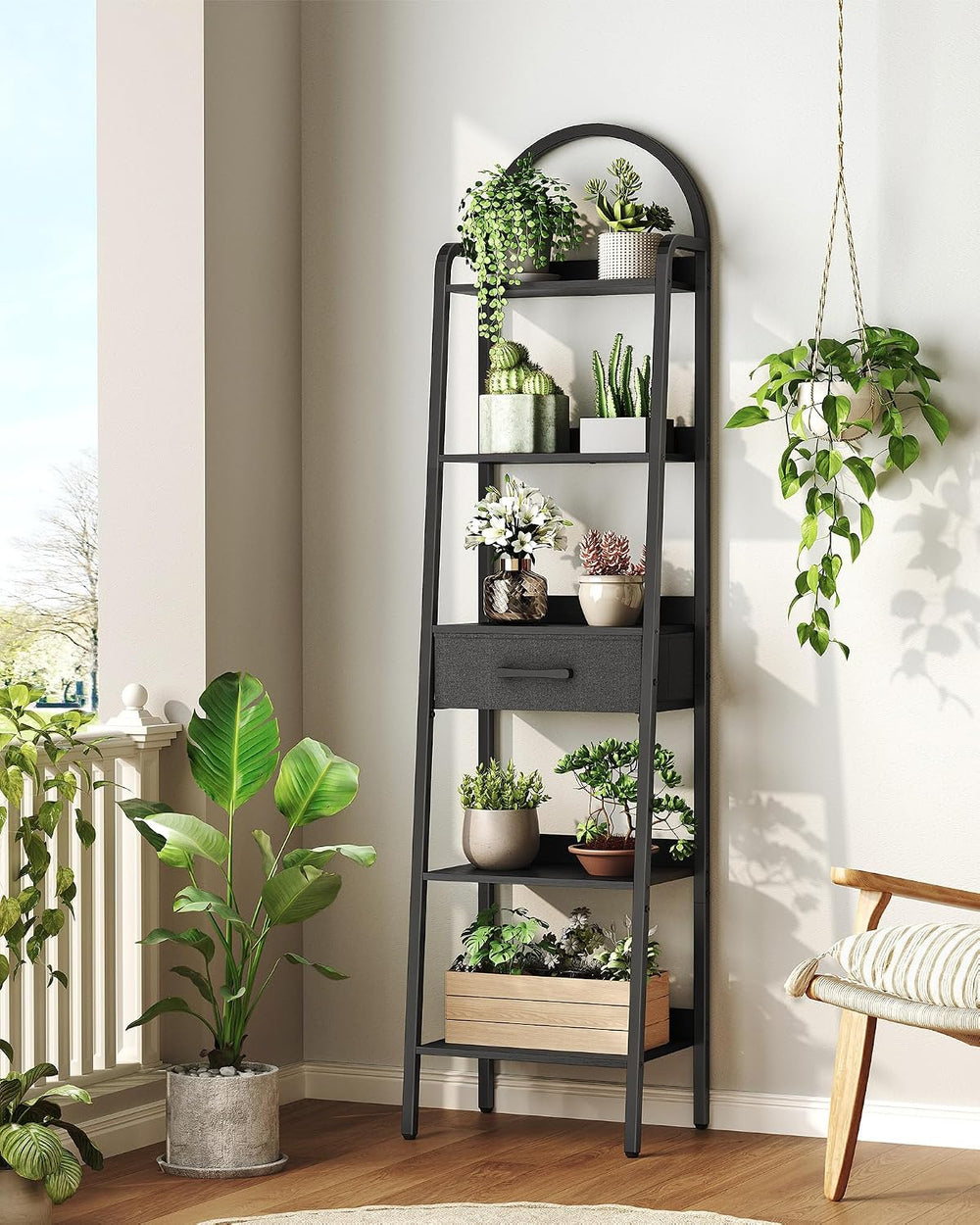CHOEZON 5 Tier Ladder Shelf with Drawer, Tall Ladder Bookshelf, Standing Book...