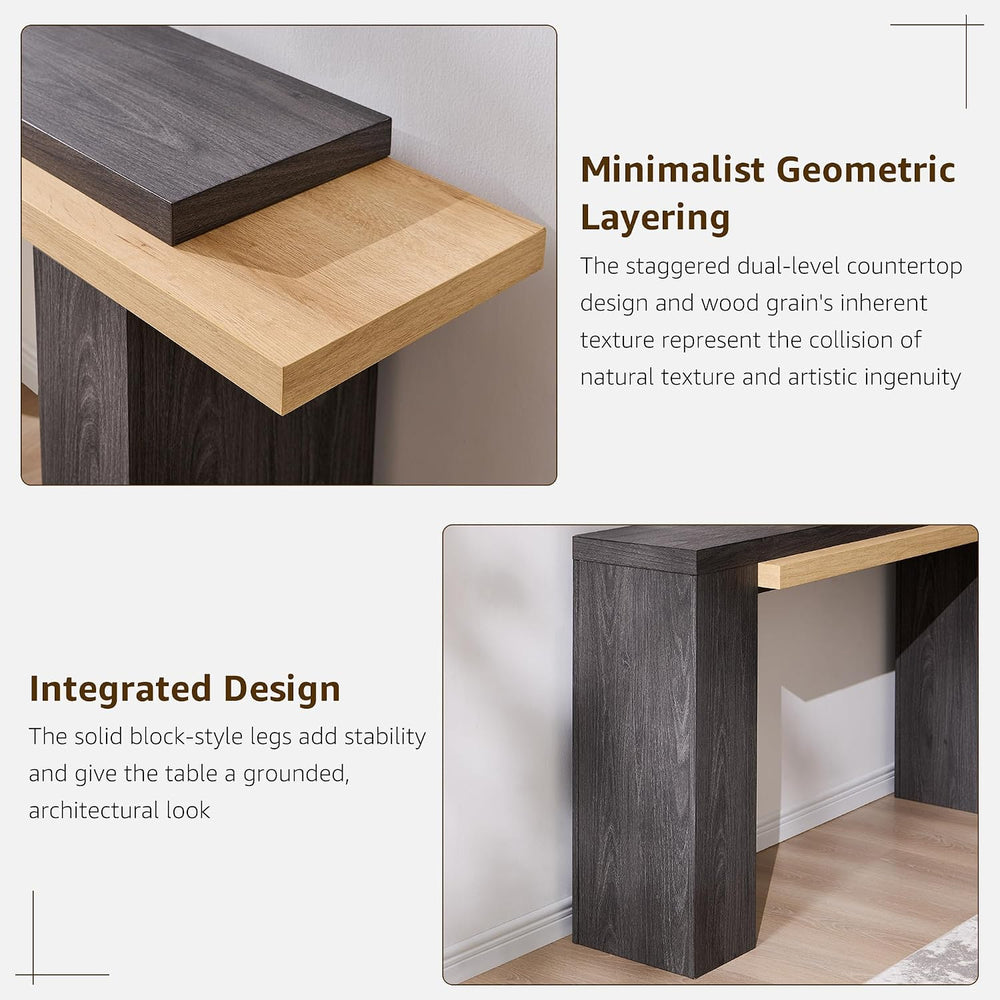 OKD 63" Geometric Console Table with Layered Top, Natural Oak & Dark...