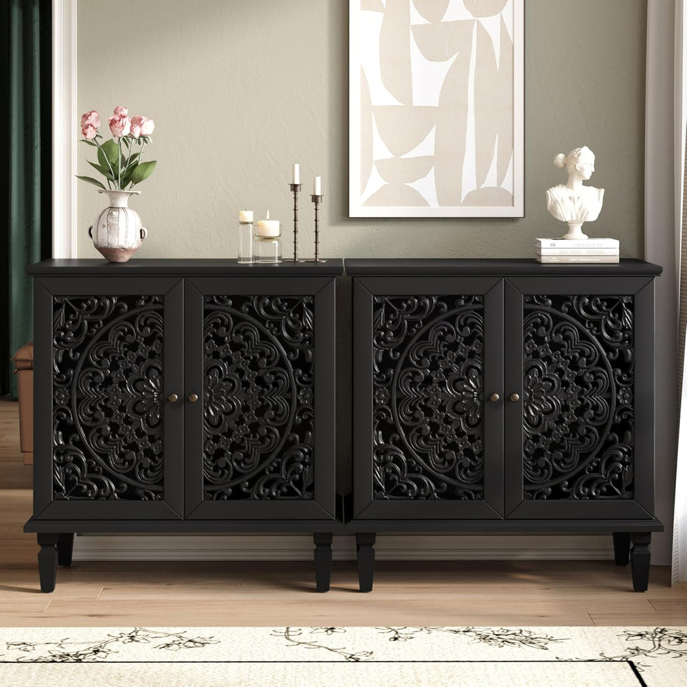 Antique Black Sideboard Buffet Accent Credenza Storage Cabinet with 2 Hollow ...