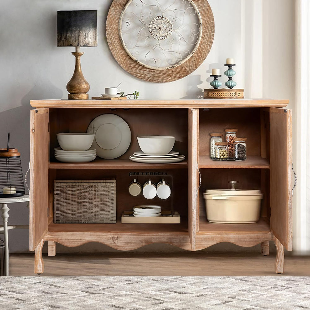 Accent Rustic Storage Cabinet With 3 Carved Doors, Vintage Sideboard Buffet W...