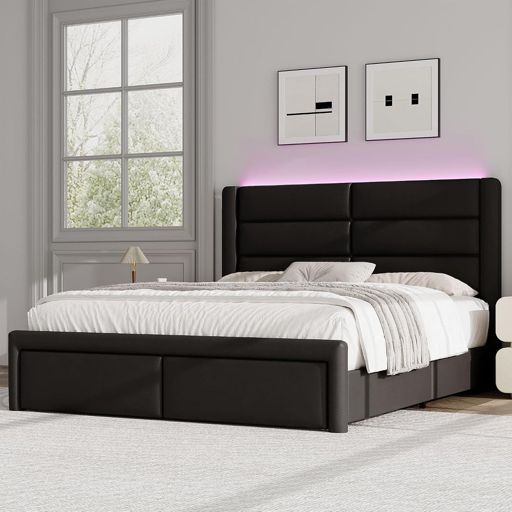 Full Size Upholstered Bed Frame with LED Lights Headboard, Modern Faux Leathe...